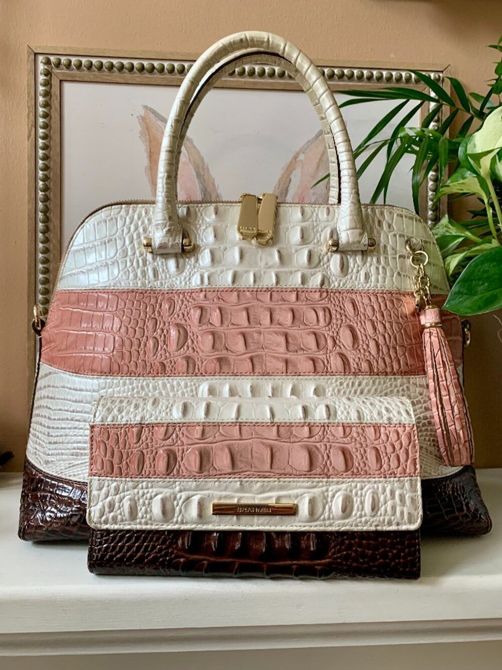 BCA Brahmin Toasted Macaroon Cassini Sydney satchel + matching checkbook wallet